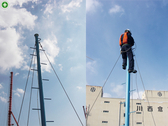 お客様にて設置いただいた船体の後方左右のポール2本（6～8m、足場付き）にGPSアンテナを取り付けます。