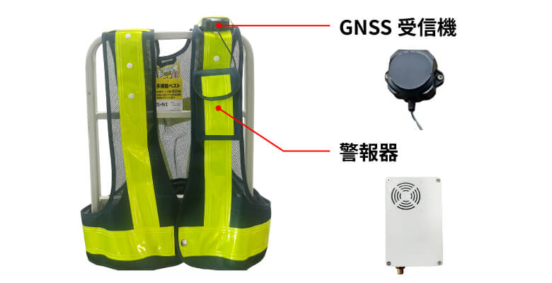 ベストに装着したGNSS受信機と警報器